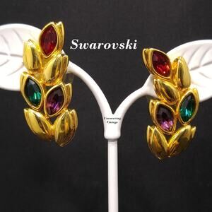 Vintage Swarovski Leaf Earrings, Gold Plated Red Green Purple Rhinestones, 1990s